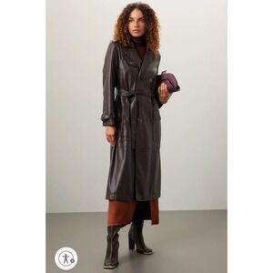Osman Yousefzada Faux Leather Trench Coat Long Belted Brown‎ Vegan Sz 10